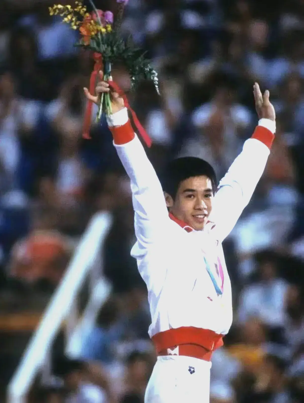 Li Ning on the podium at the 1984 Los Angeles Olympics