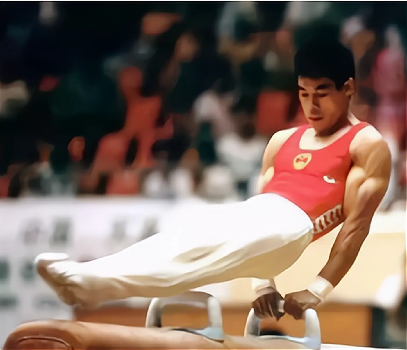 Li Ning performing on the pommel horse