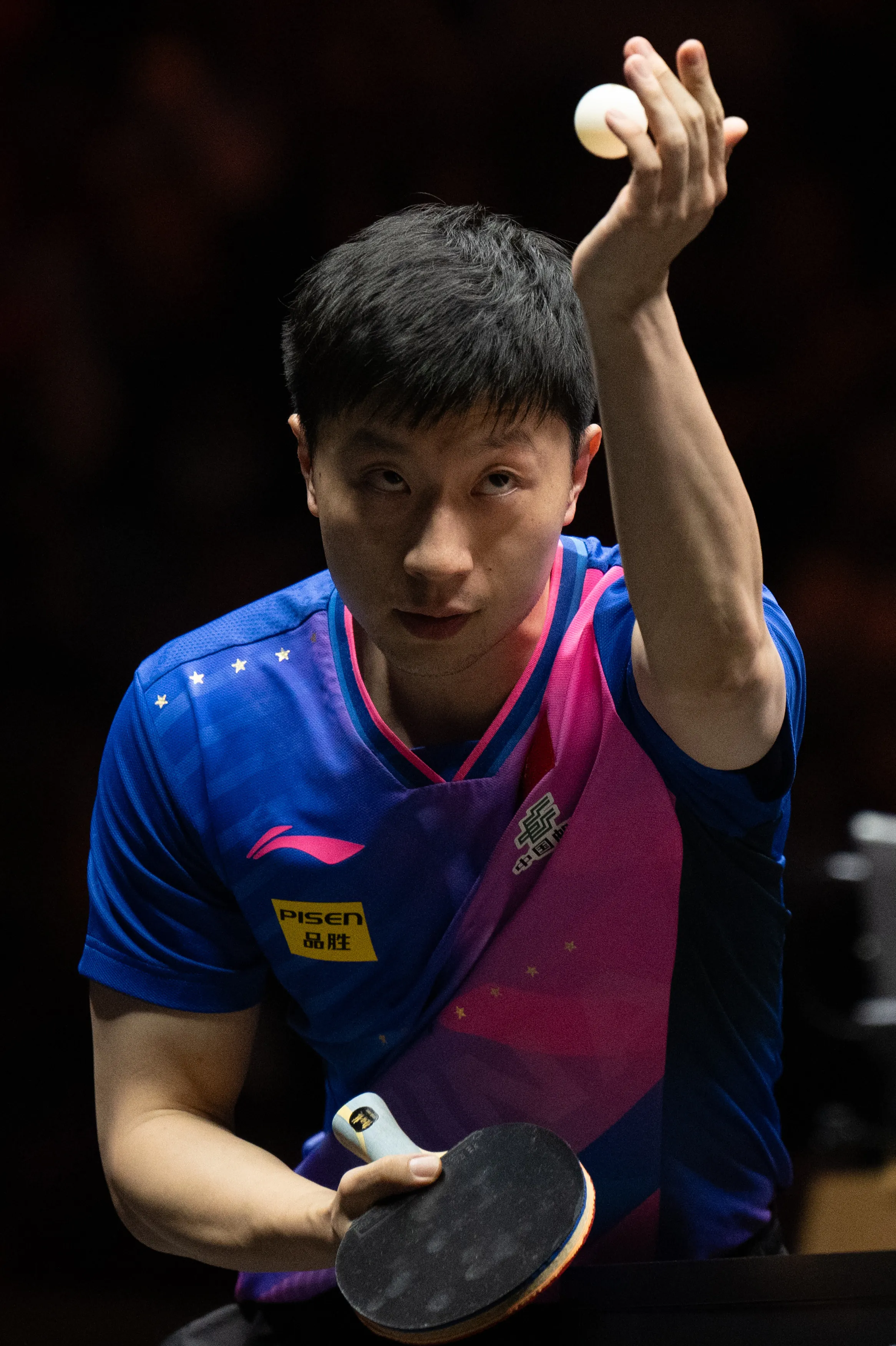 Ma Long serving during a match, every dimension of his game controlled